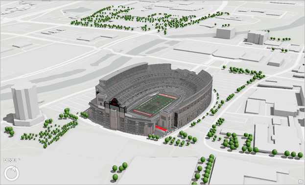 OpenStreetMap 3D Buildings and OpenStreetMap 3D Trees (Thematic) with the Ohio Stadium. Copyright 2022: The Ohio State University Facilities Information and Technology Services.